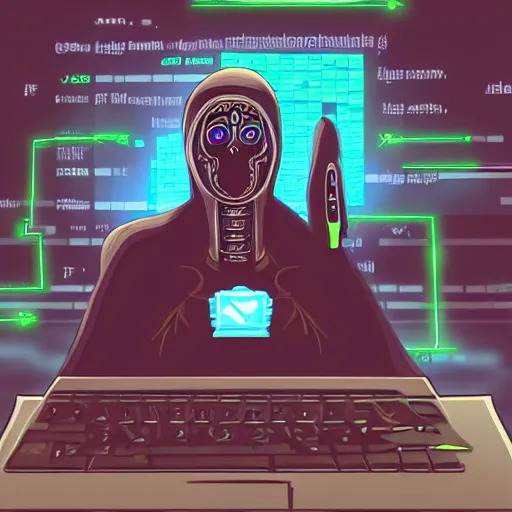 Prompt: a lich, computer, writing code, cyberpunk style
