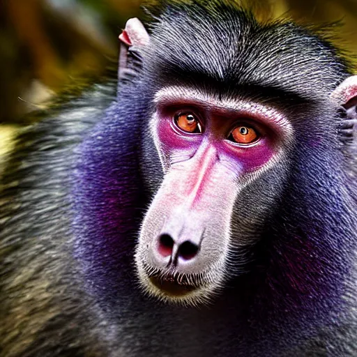 Prompt: iridescent rainbow colored baboon in a forest national geographic photograph detailed