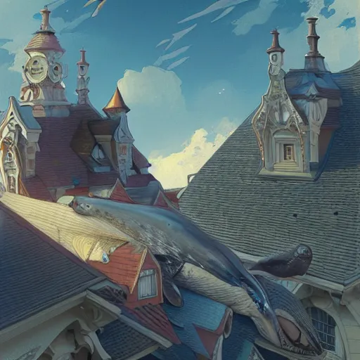 Prompt: Whales over the rooftops, highly detailed, digital painting, artstation, illustration, art by artgerm and greg rutkowski and alphonse mucha