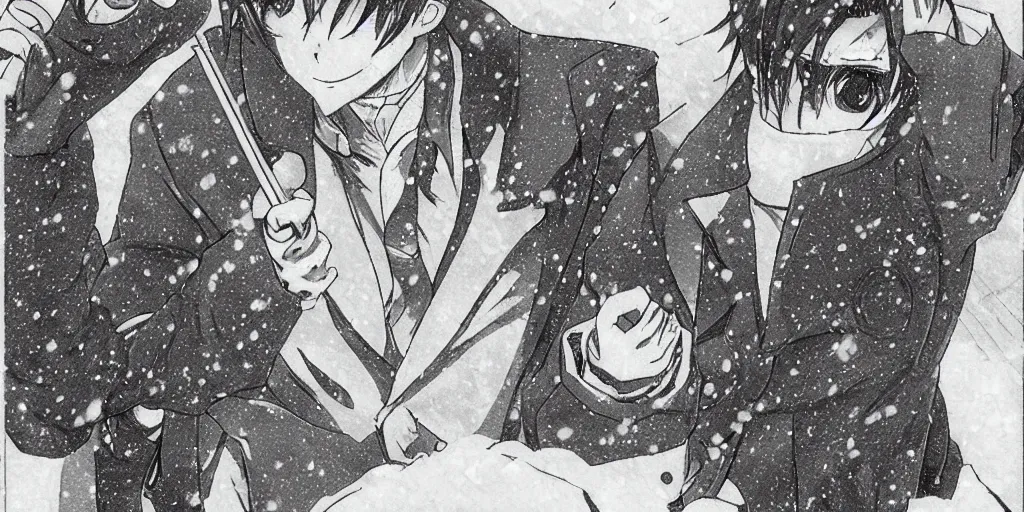 Prompt: Shuichi Akai smokes in the snow, Japanese manga style, sketch