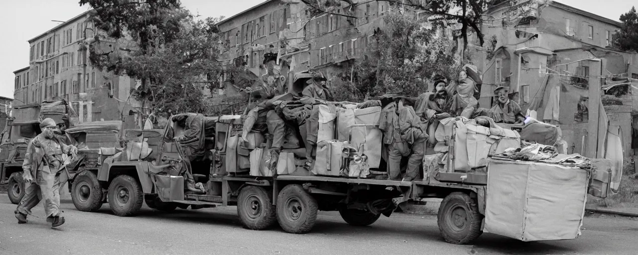 Image similar to transporting spaghetti boxes, world war 2, u. s. army, canon 5 0 mm, kodachrome, in the style of wes anderson, retro