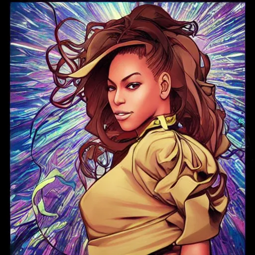 Image similar to beyonce perfect coloring, low saturation, epic composition, masterpiece, bold complimentary colors. stunning masterfully illustrated by artgerm, range murata, alphonse mucha, katsuhiro otomo