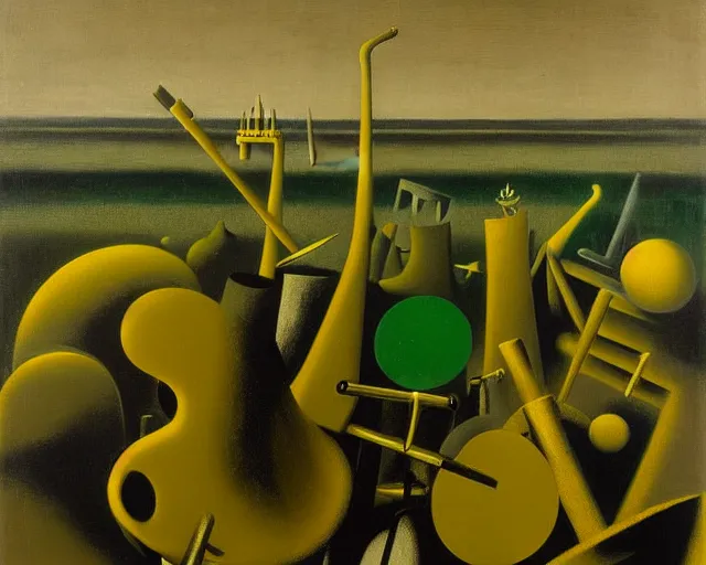 Image similar to a green, gold, and black painting by Yves Tanguy