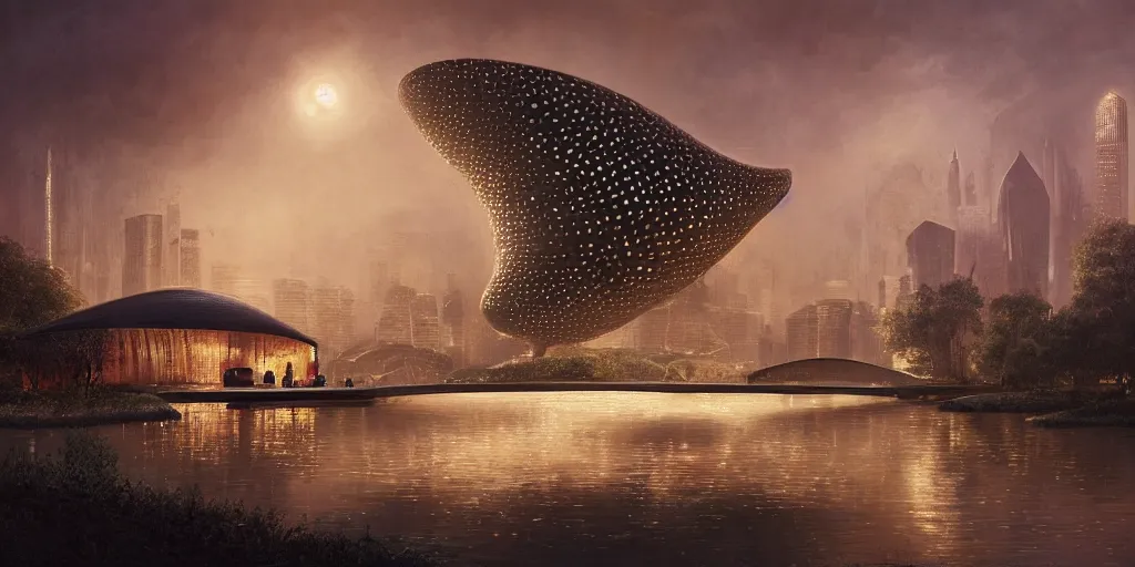 Image similar to An epic architectural rendering of a blob shaped trypophobia house with a mysterious red glow emitting from inside in a modern cityscape next to a river, by Zaha Hadid and Martin Johnson Heade and Greg Rutkowski, stunning, gorgeous, golden ratio, photorealistic, featured on artstation, 4k resolution