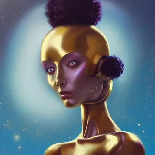 Image similar to a beautiful female robot, elegant pose, afro, gold wax melting, by Anato Finnstark, Tom Bagshaw, Brom