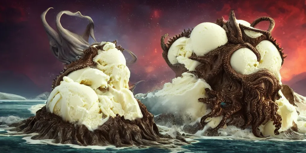 Image similar to closeup of vanilla ice cream come in the foreground is being eaten by Cthulhu, exploding volcano is hit by meteor in the background, by Philipp A. Urlich and H. R. Geiger and H. P. Lovecraft, fantasy, intricate, elegant, highly detailed, digital painting, artstation, blender, unreal engine 5, octane render, smooth, sharp focus, illustration