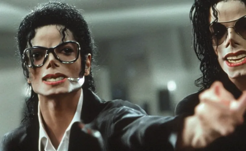 Prompt: michael jackson with shiny glasses inside the movie men in black ii