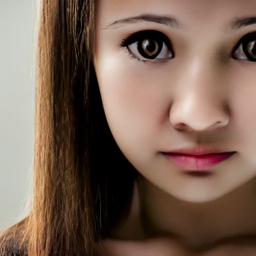 Image similar to photograph of girl with big forehead with square face and small bird beak lips and small round nose and dark black, high detail 8k,