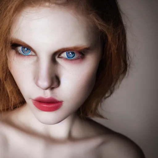 Prompt: woman with porcelain skin, pale bloodshot eyes, pale lips. portrait, high - key, 4 k, photography, dreamy atmosphere