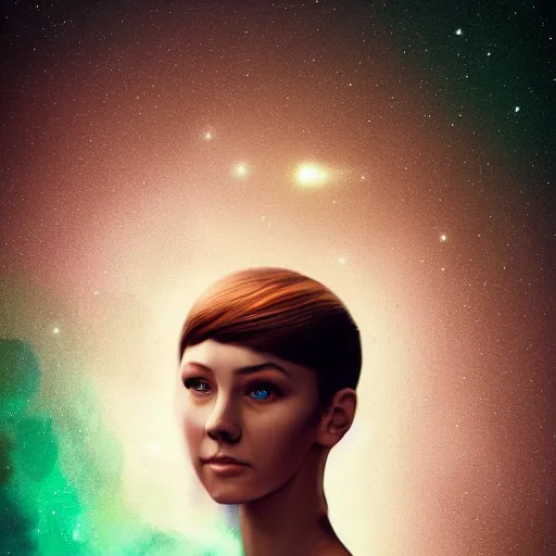 Image similar to a portrait photo of a young woman with medium - short brown hair, an intricate dress, and green eyes, floating in space, trending on artstation