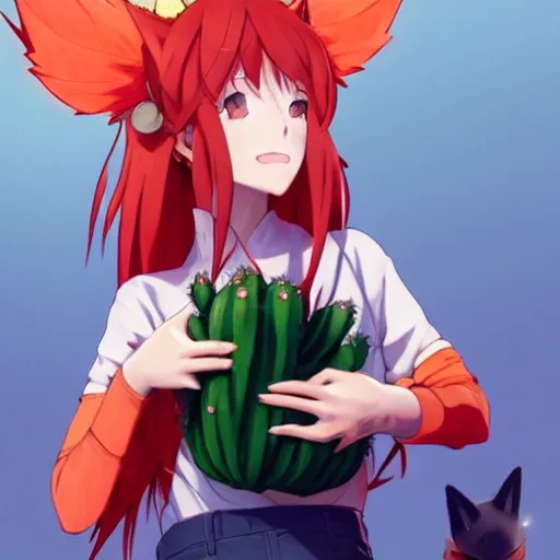 Image similar to A red-haired anime girl with fox ears and an evil grin in an orange jumpsuit holds a cactus artwork of a single character, highly detailed, artstation, smooth, sharp focus, illustration, art by artgerm and greg rutkowski and makoto shinkai and alphonse mucha