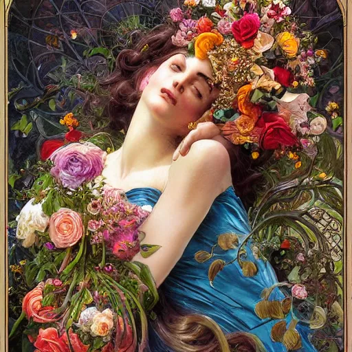 Image similar to an elaborate coffin with a mysterious sleeping beauty holding a large bouquet of flowing flowers, hands hidden under the bouquet, top view, fantasy, regal, intricate, by stanley artgerm lau, greg rutkowski, thomas kindkade, alphonse mucha, loish, norman rockwell