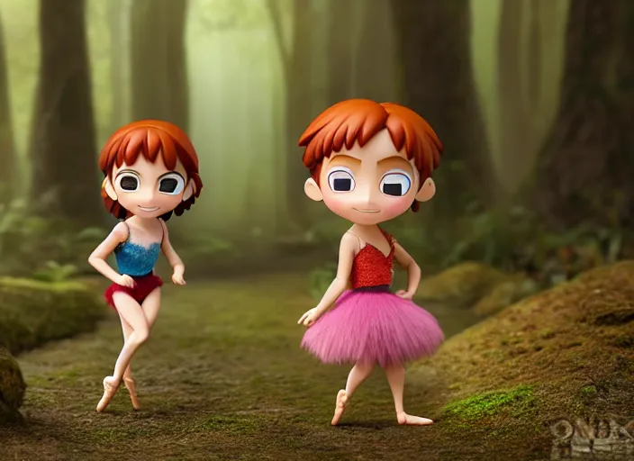 Prompt: redhead prima ballerina as nendoroid walking in a forest in the croods movie style, anime, disney, pixar, 8 k, hd, dof, kodak film, volumetric lighting, subsurface scattering, photorealistic, octane render, details