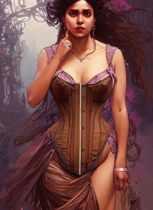 Image similar to cute brown woman wearing a transparent corset dress, fantasy, intricate, highly detailed, digital painting, artstation, concept art, wallpaper, smooth, sharp focus, illustration, art by artgerm and greg rutkowski and alphonse mucha