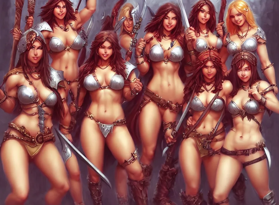 Prompt: very beautiful group of female barbarian women, smiling, flirty, eye contact, perfect face, perfect body, drawn by artgerm