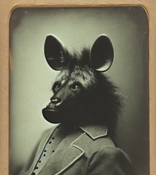 Image similar to professional studio photo portrait of anthro anthropomorphic spotted hyena head animal person fursona wearing clothes by Louis Daguerre daguerreotype