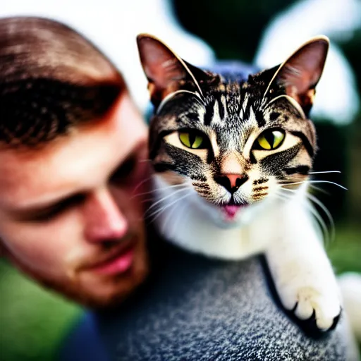 Image similar to a cat on top of a young man ’ s head