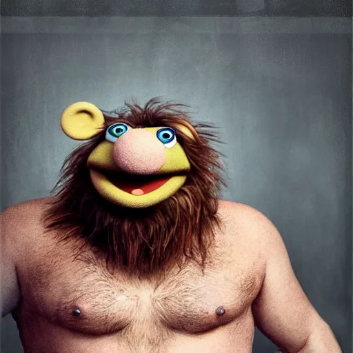 Image similar to a still of a forgotten muppet character looking very manly and modern, hilarious, laughing, hairy chest, huge chin, manly monster tough guy, roughled fur, photo real, photographic, photograph, artstation, trending, featured