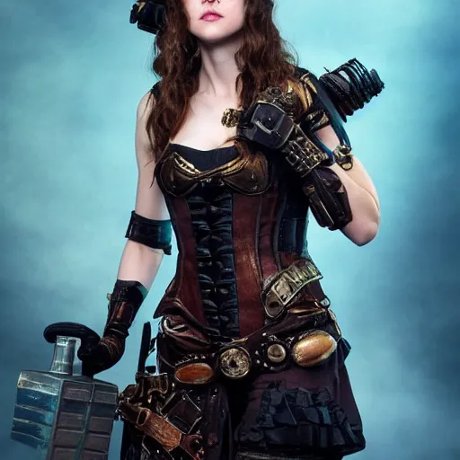 Image similar to full shot photo of alexandra daddario as a steampunk warrior