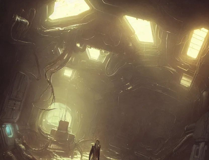 Image similar to a claustrophobic crawlspace inside a station from alien isolation, art by ryo shiotani and greg rutkowski, intricate, beautiful, cute, cinematic lighting, vintage art by serge ivanoff, high resolution, very detailed