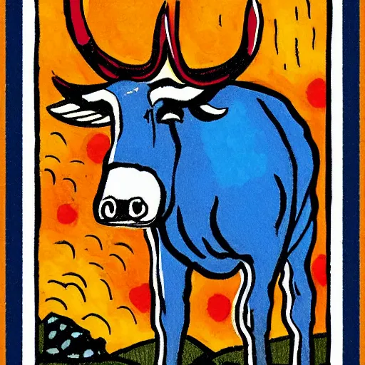 Prompt: blue ox, rider - waite art style, tarot card