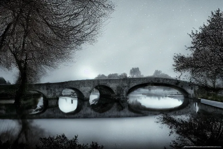 Prompt: masterpiece lomography photography of ( pont ambroix at ambrussum ), one single arch, realistic, detailed, cinematic lights, 8 k, long exposure, trees, fog in the background, monochromatic soft blue tones, by gustave courbet, moonlight, artstation, deviantart, fireflies