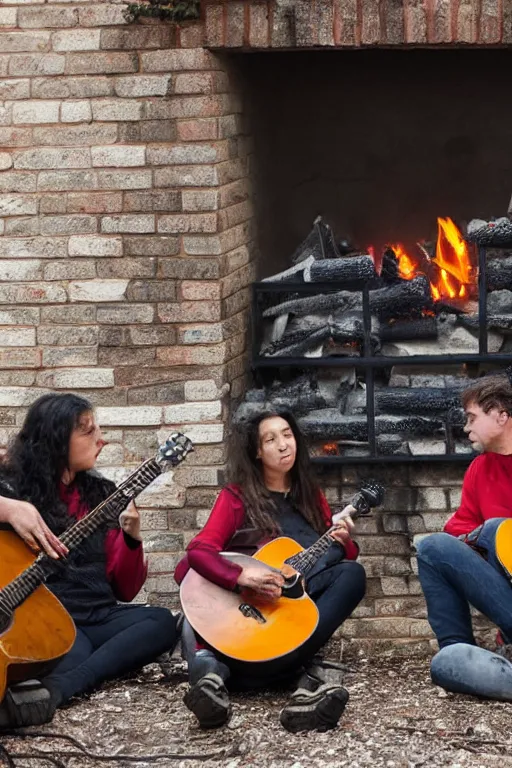 Image similar to Four stalkers sit with guitars by the fire near an abandoned brick house