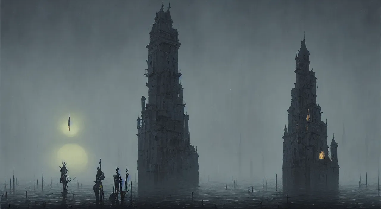 Prompt: a high contrast! painting of a minimalist flooded bloodborne tower by rene magritte simon stalenhag carl spitzweg jim burns, full-length view, vibrant colors, extremely high contrast!, symmetry, great composition, high detail, cinematic lighting, award winning masterpiece, trending on artstation