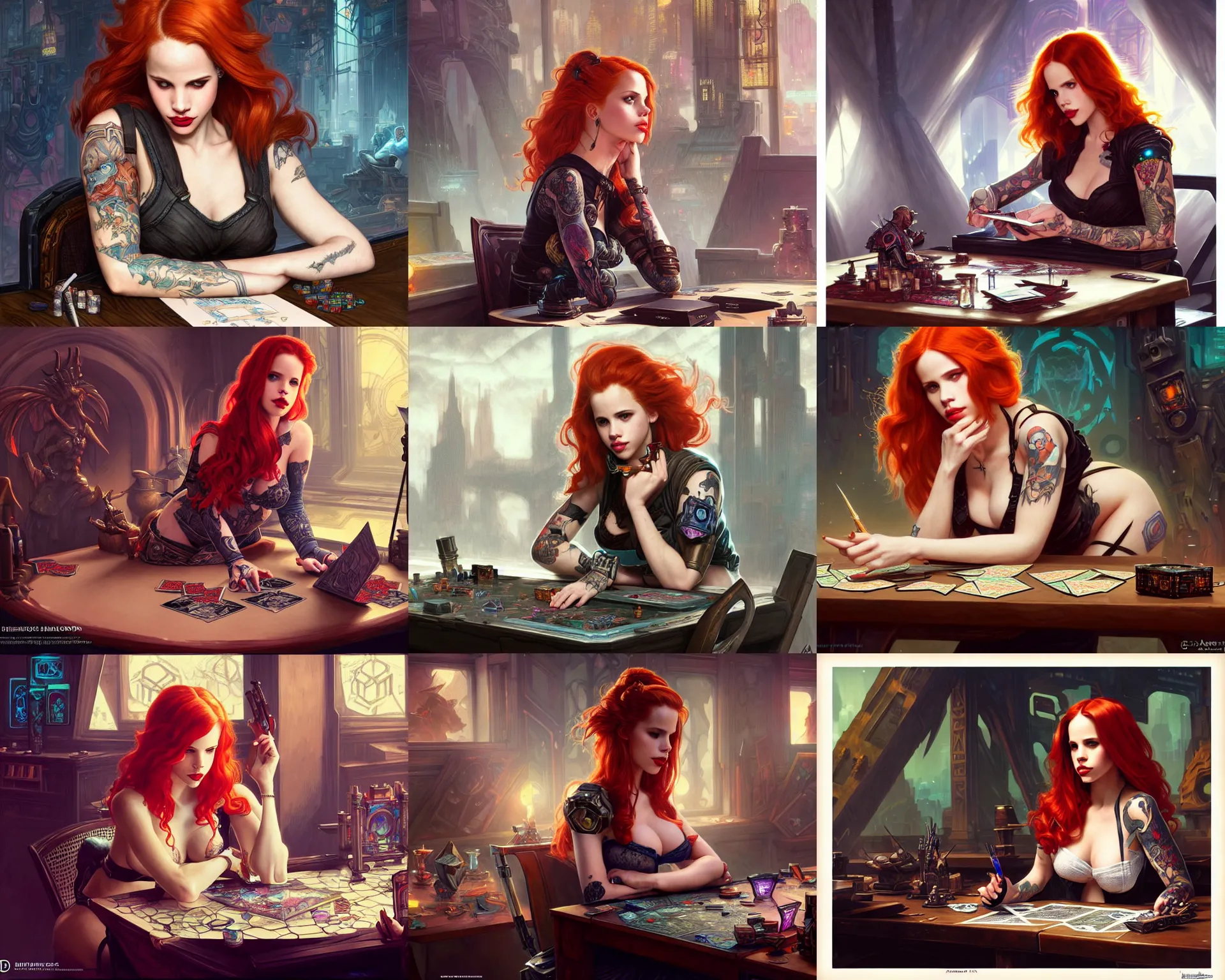 Prompt: redheaded tattooed pinup cyberpunk halston sage sitting at table playing dnd, deep focus, d & d, fantasy, intricate, elegant, highly detailed, digital painting, artstation, concept art, matte, sharp focus, illustration, hearthstone, art by artgerm and greg rutkowski and alphonse mucha.