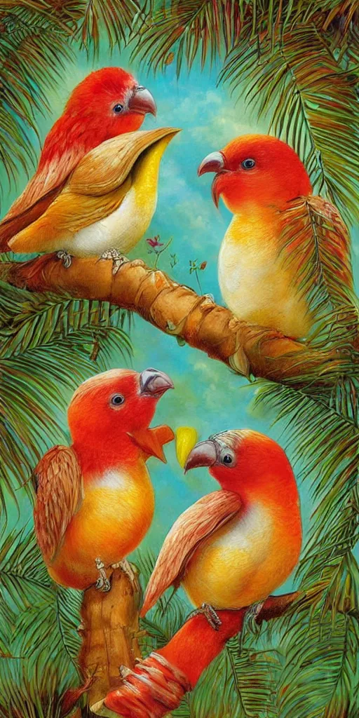 Image similar to greeting card, love, 2 beautiful tropical birds, by greg simkins, warm colors, cozy