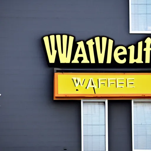 Prompt: wafflehouse employee's below wafflehouse sign