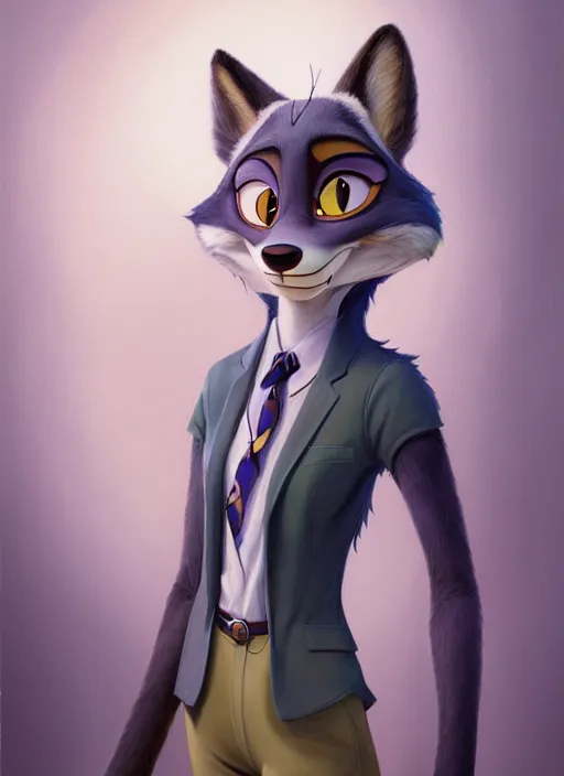 Image similar to oil painting of detailed full body of anthromorphic female wolf, in style of zootopia, zootopia, zootopia, fursona, furry, furaffinity, 4 k, deviantart, furry art, fursona art, wearing black business suit, business suit, in style of zootopia, wolf fursona, cyberpunk, female, expressive detailed feminine face,