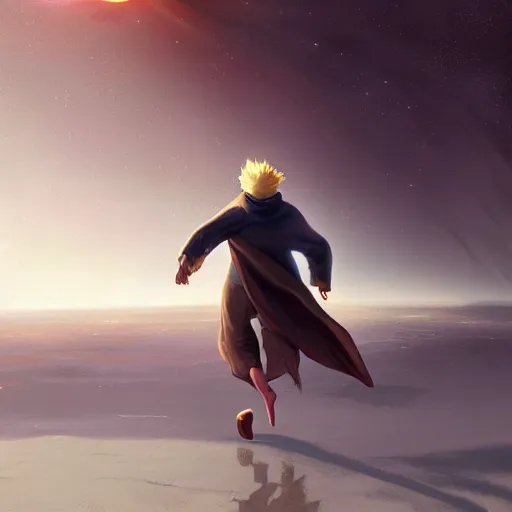 Prompt: blonde boy wearing a brown cape and flying in t pose, space background, energy beam, brush strokes, greg rutkowski