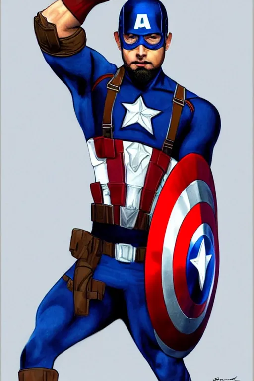 Image similar to Narendra Modi as Captain America, claws are up, red and blue Captain America costume, Narendra Modi hairstyle and beardstyle, calm, grumpy, portrait, masculine figure, highly detailed, digital painting, artstation, concept art, smooth, sharp focus, illustration, cinematic lighting, art by artgerm and greg rutkowski and alphonse mucha