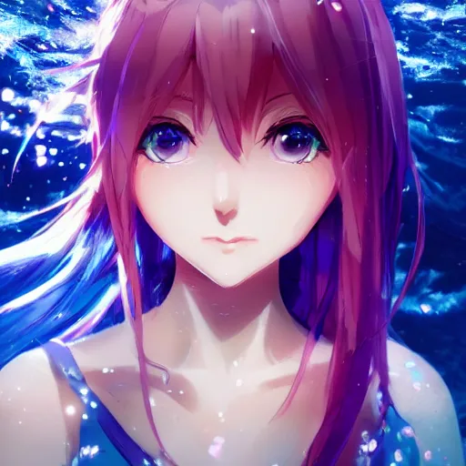 Image similar to a beautiful female human anime of time character, character is in all its glory under the water, character is centered on the image, character is holding magic weapon, rim lights, highly detailed professional photo, dynamic lights, particles and crystals are flying, very deep depth of field, trending on artstation, illustration, hyper realistic, vray caustics, super detailed, colorful accents, cinematic shot