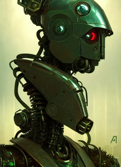 Image similar to dystopian robot, metal, holding green plant, cinematic lighting, fantasy, warforged, intricate, highly detailed, lifelike, photorealistic, digital painting, artstation, illustration, concept art, sharp focus, art by john collier and albert aublet and krenz cushart and artem demura and alphonse mucha