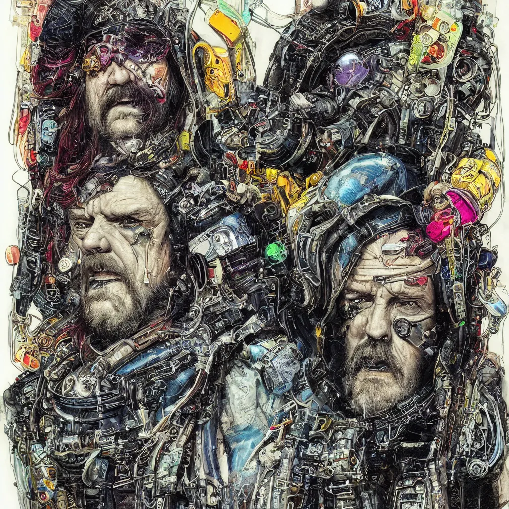 Image similar to A dramatic full-color cyberpunk art nouveau styled bust portrait of lemmy kilmister as a futuristic space punk rebel, hyperdetailed mixed media artwork combining the styles of Travis Charest, Michael Whelan, Bill Sienkiewicz, Duncan Fegredo, Simon Bisley, fineliner illustration, pen and ink drawing, vast power, stoicism, pessimism, confident shaded eyes, tarnished and rusted metal, wrought iron architecture, perfectly symmetrical facial features, 8k, deeply hyperdetailed, cinematic lighting, realistic mechanical details, 8k, UHD, HDR