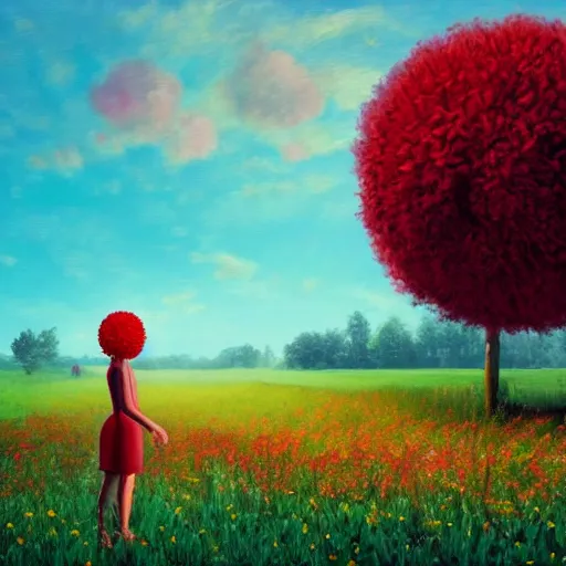 Image similar to giant red flower afro, full body, girl slendering in the middle of a field with flowers, surreal photography, hills, sunrise dramatic light, impressionist painting, colorful clouds, digital painting, pointillism, artstation, simon stalenhag