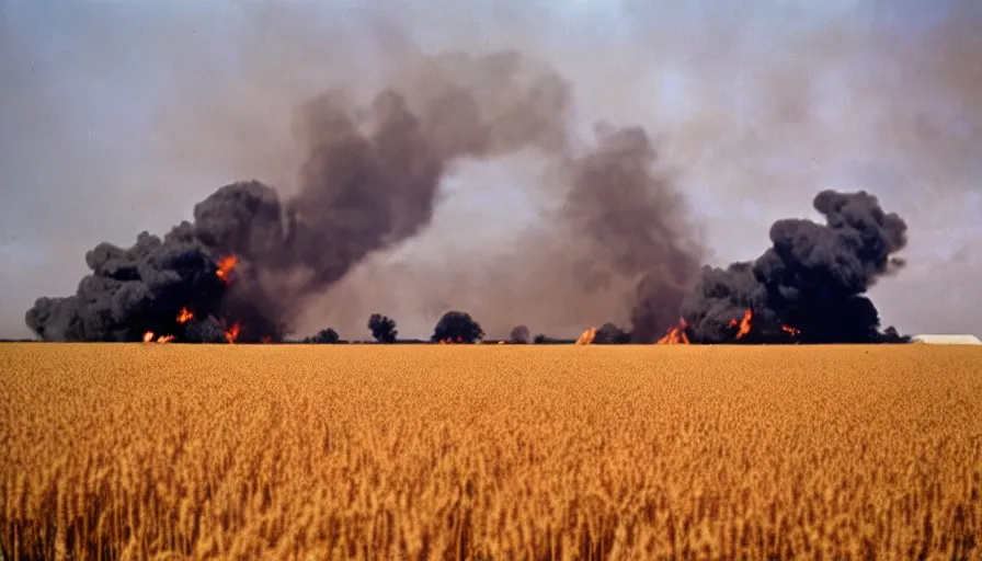 Prompt: 1 9 7 0 s movie still of a heavy burning house in a wheat field, cinestill 8 0 0 t 3 5 mm, high quality, heavy grain, high detail, texture, dramatic light, ultra wide lens, panoramic anamorphic, hyperrealistic