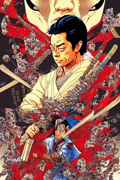 Image similar to poster of jordan belfort as a samurai, by yoichi hatakenaka, masamune shirow, josan gonzales and dan mumford, ayami kojima, takato yamamoto, barclay shaw, karol bak, yukito kishiro