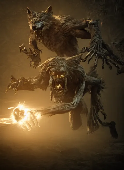 Image similar to werewolf fighting an endless army of skeletons, ultra detailed fantasy, elden ring, realistic, dnd, rpg, game design concept art, behance hd, artstation, deviantart, global illumination radiating a glowing aura global illumination ray tracing hdr render in unreal engine 5