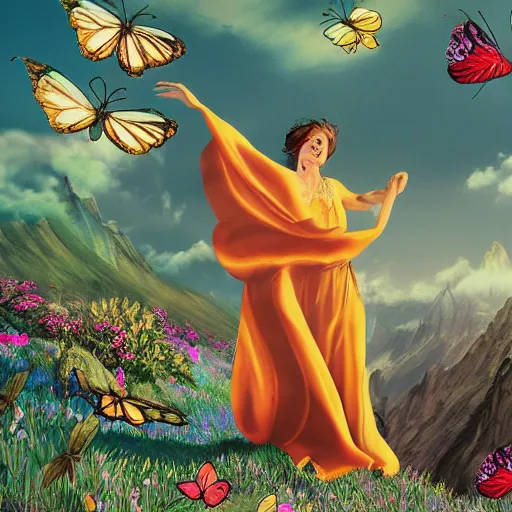 Prompt: A veiled wizard dances in the mountains on a sunny day surrounded by butterflies