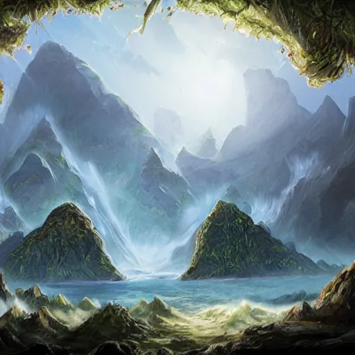 Image similar to a mysterious island, painting, in the style of magic the gathering, fantastical, concept art