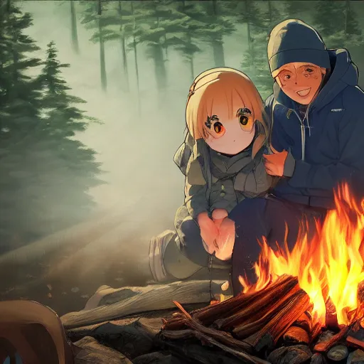 Image similar to yuru camp anime campfire hyperdetailed blue eyes, trending on artstation, cinematic lighting, highly realistically detailed, trending on pixiv , Unreal Engine 4k, detailed faces, manga cover, official anime key visual by greg rutkowski