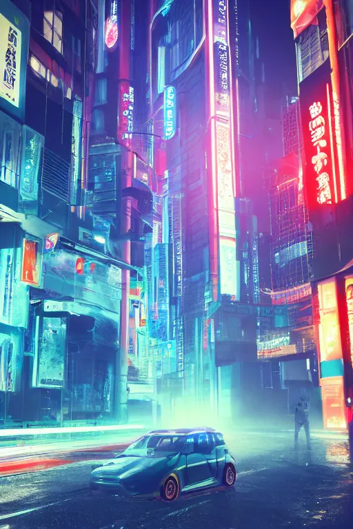 Image similar to Futuristic Asian city at night with rain, Cyberpunk style, Red Mini Cooper S, Neon lights, Matte paiting, cinematic lighting, corona render, smoke, light rays, 8k