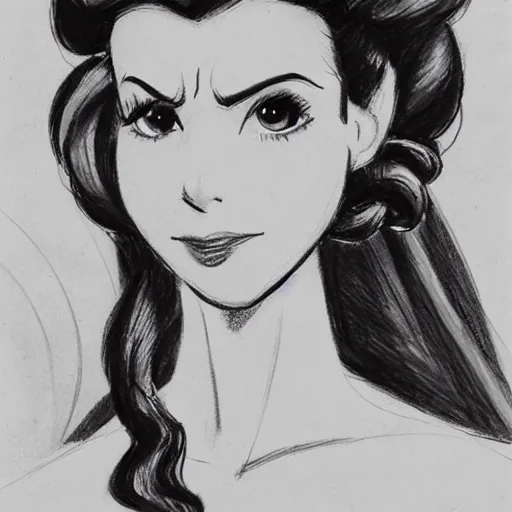 Image similar to milt kahl sketch of victoria justice with done up hair, tendrils covering face and ponytail as princess padme from star wars episode 3