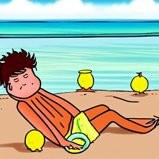 Image similar to lemonman cartoon character is relaxing on a beach, inspired by dalle 2 generations.