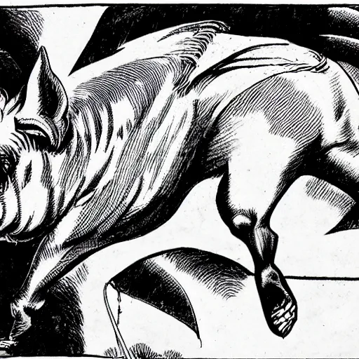 Image similar to winged flying pig with unicorn horn richard corben style black and white