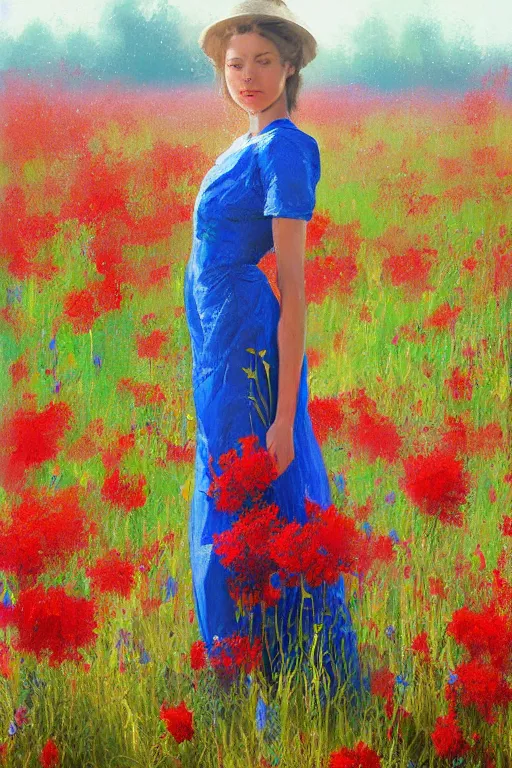 Prompt: a painting of a woman in a blue dress standing in a field of red flowers by craig mullins, trending on artstation, color field, concept art, artstation hd, matte drawing