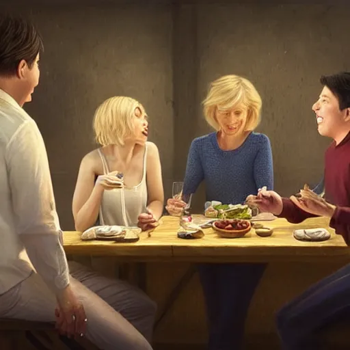 Prompt: michael mcintyre and middle aged blonde woman with short hair and a blonde woman with long hair having dinner at sunday in brooklyn, anatomy, bathed in light, highly detailed, photorealistic, artstation, smooth, sharp focus, illustration, unreal engine 5, 8 k, art by artgerm and greg rutkowski and edgar maxence